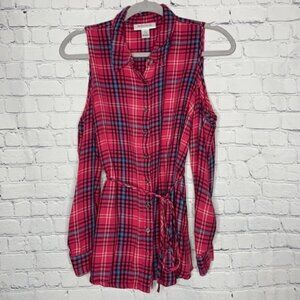 Motherhood Maternity Pink Plaid Cold Shoulder Collared Button Up Comfy Flannel L